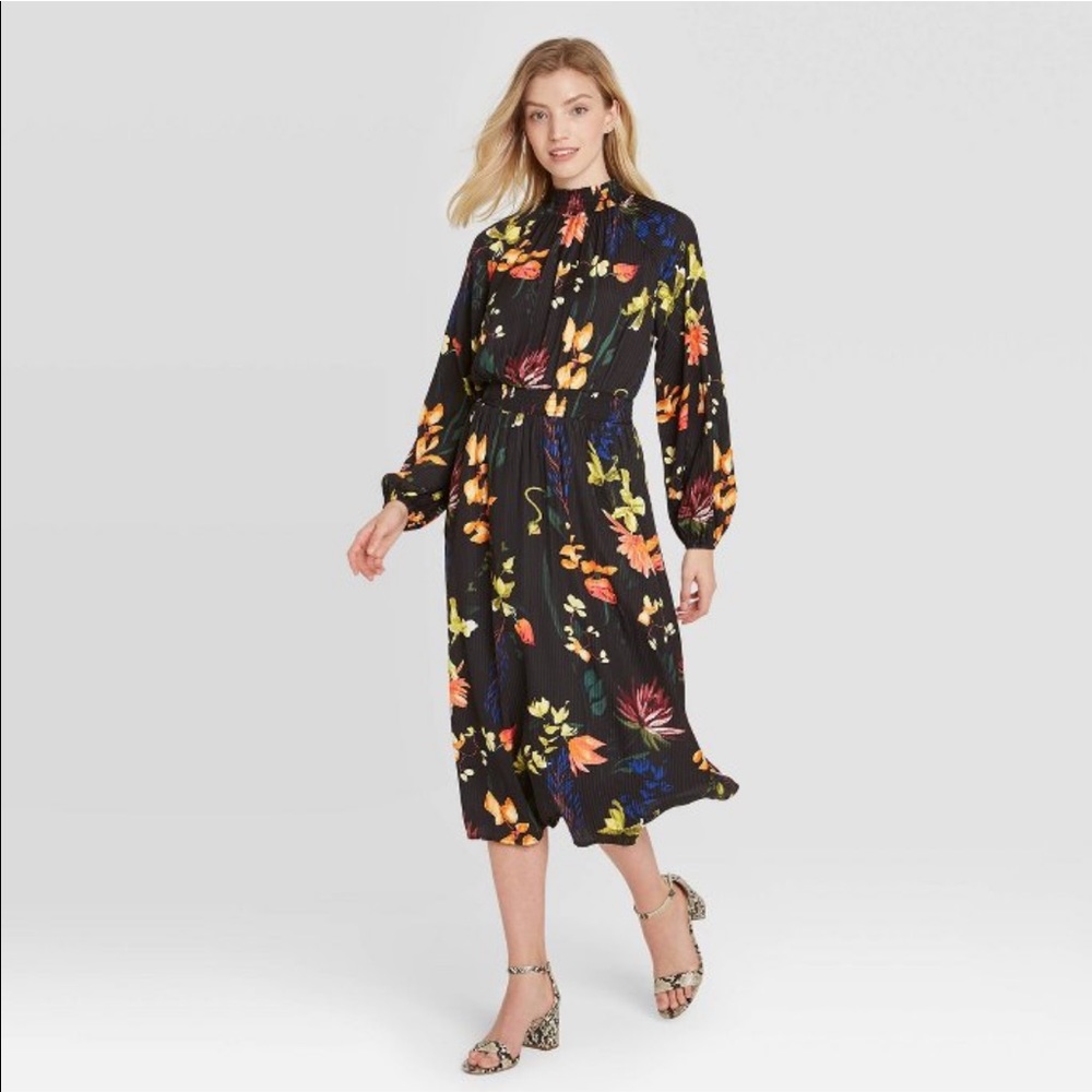 A New Day Long Sleeve Floral Mock Neck Midi Dress